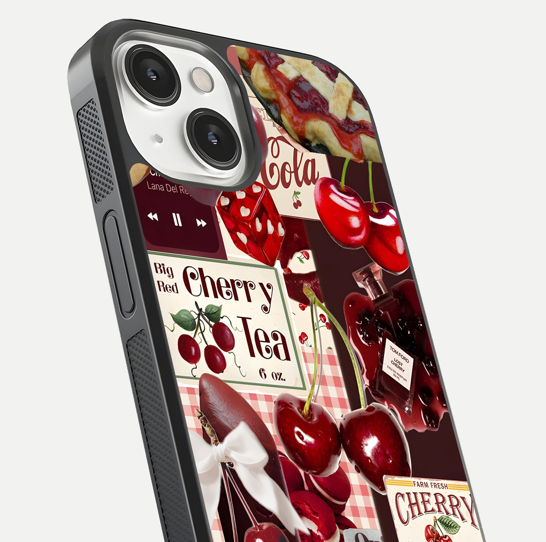 Aesthetic Cherry Tea Glass Case for iPhone 16 Pro close-up angled shot showing detailed cherry artwork, red tones, and gloss reflection