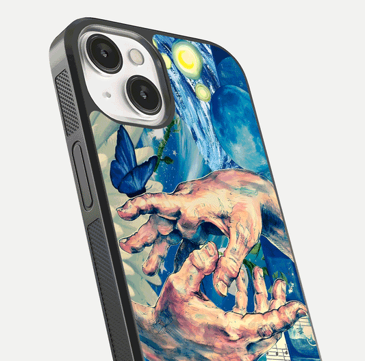 Aesthetic Divider Glass Case for iPhone 13 Mini close-up angled shot showing detailed divider artwork and gloss reflection