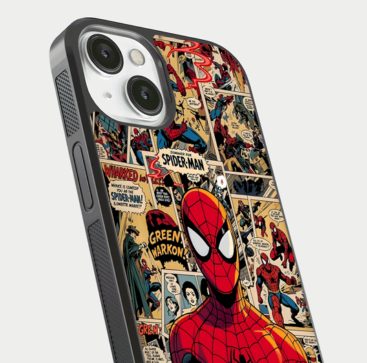 Aesthetic Spider Man Glass Case for iPhone 13 Mini close-up angled shot showing detailed Spider-Man artwork and gloss reflection