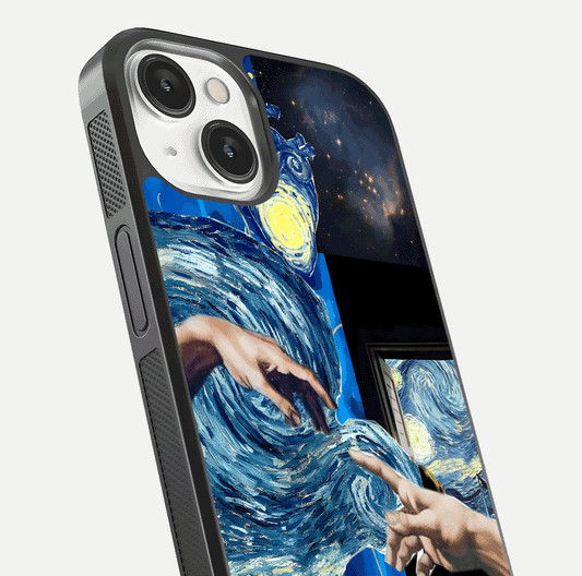 Aesthetic Vando Hands Glass Case for iPhone 13 Mini close-up angle showing fine detailing of hand artwork and glass reflection