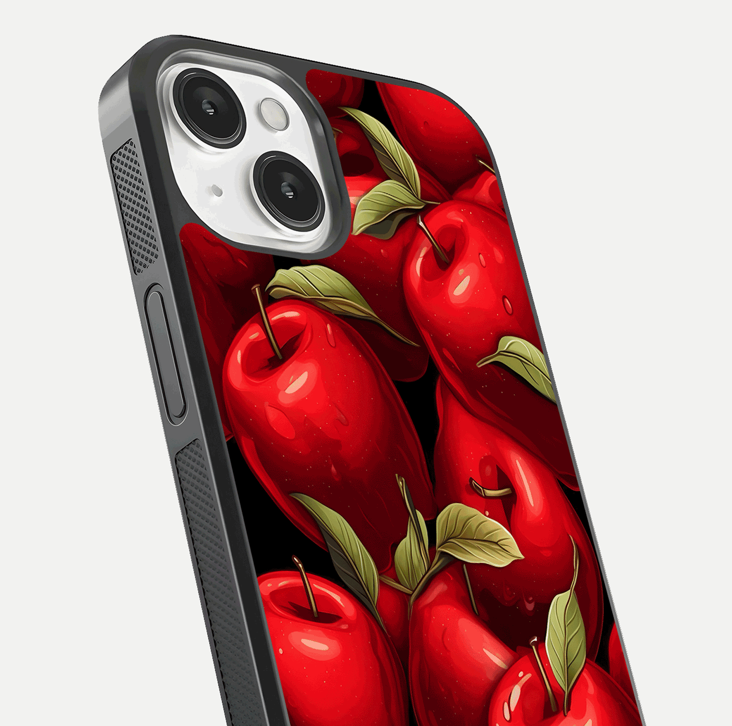Apple Pattern Glass Case for iPhone 13 Mini close-up angle showing pattern texture and shine reflection