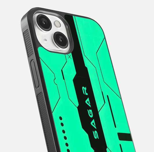 Aqua Tech CYBERPUNK Custom Name Glass Case for iPhone 13 Mini close-up angle showing futuristic blue lights and reflections