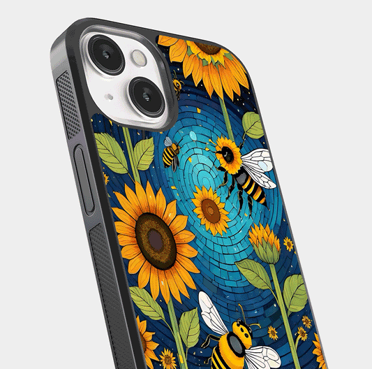 Bees & Sunflowers Glass Case for iPhone 13 Mini close-up angled shot showing detailed petals, bee prints, and glass reflection