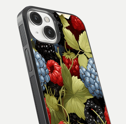 Berry Bloom Charm Glass Case for iPhone 16 Pro close-up view highlighting berry color tones and fine petal detailing