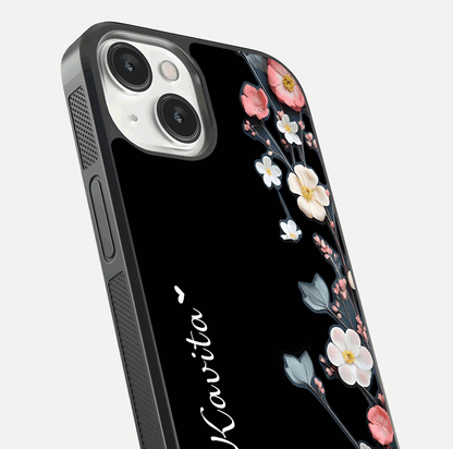 Black Elegance Floral Custom Name Glass Case for iPhone 13 Mini close-up shot showing rose detailing and elegant reflection