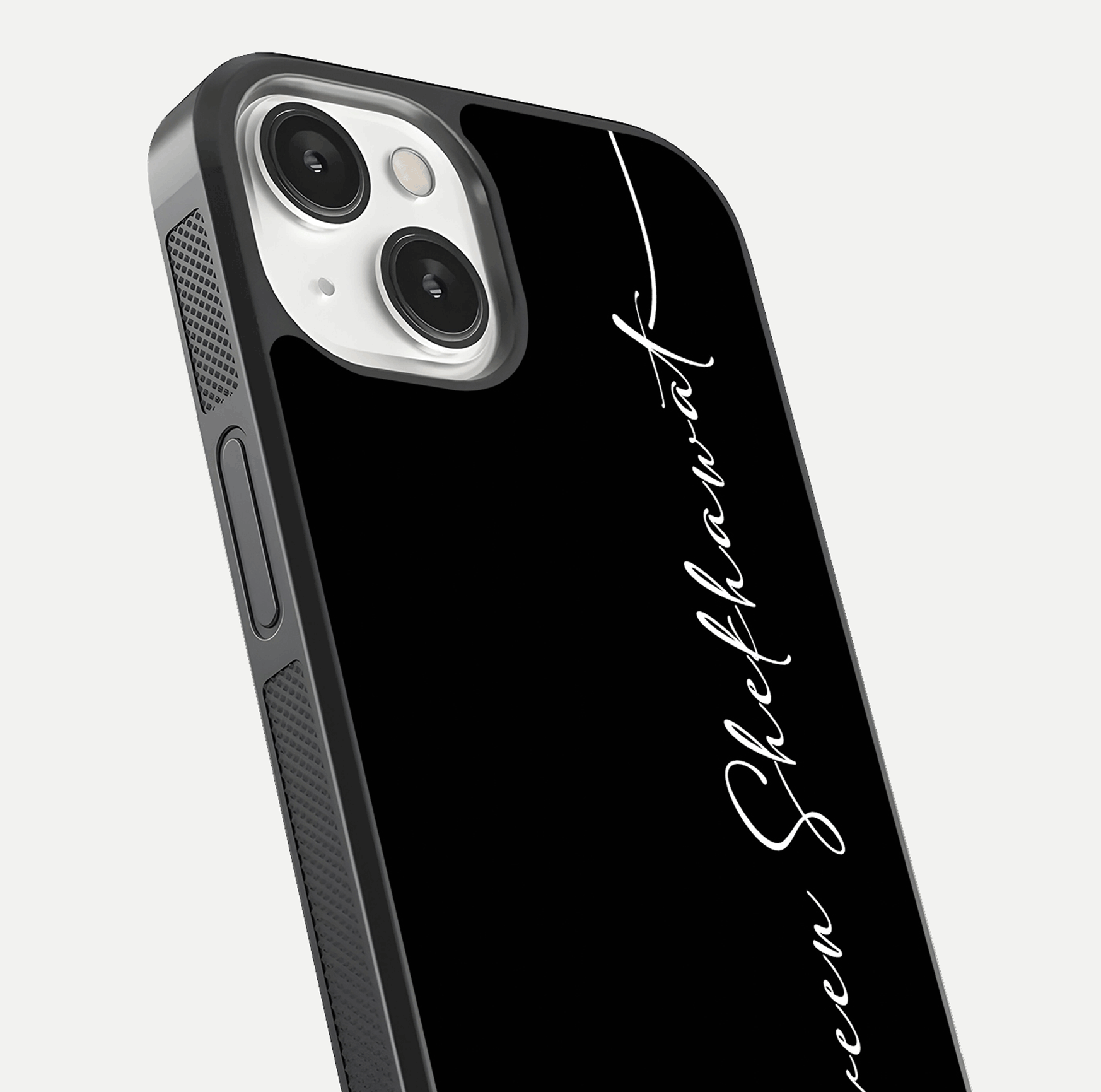 Black Tune Custom Name Glass Case for iPhone 13 Mini close-up shot highlighting sleek monochrome design and reflection