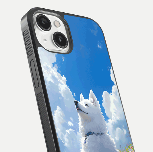 Blissful Cloud Pup Glass Case for iPhone 13 Mini close-up image highlighting puppy details and glossy reflection