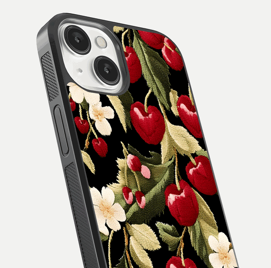 Bloom Thread Art Glass Case for iPhone 13 Mini close-up view highlighting fine line details and glossy shine