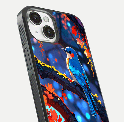 Blooming Spendor Bird Glass Case for iPhone 13 Mini close-up shot highlighting bird design details and glossy shine