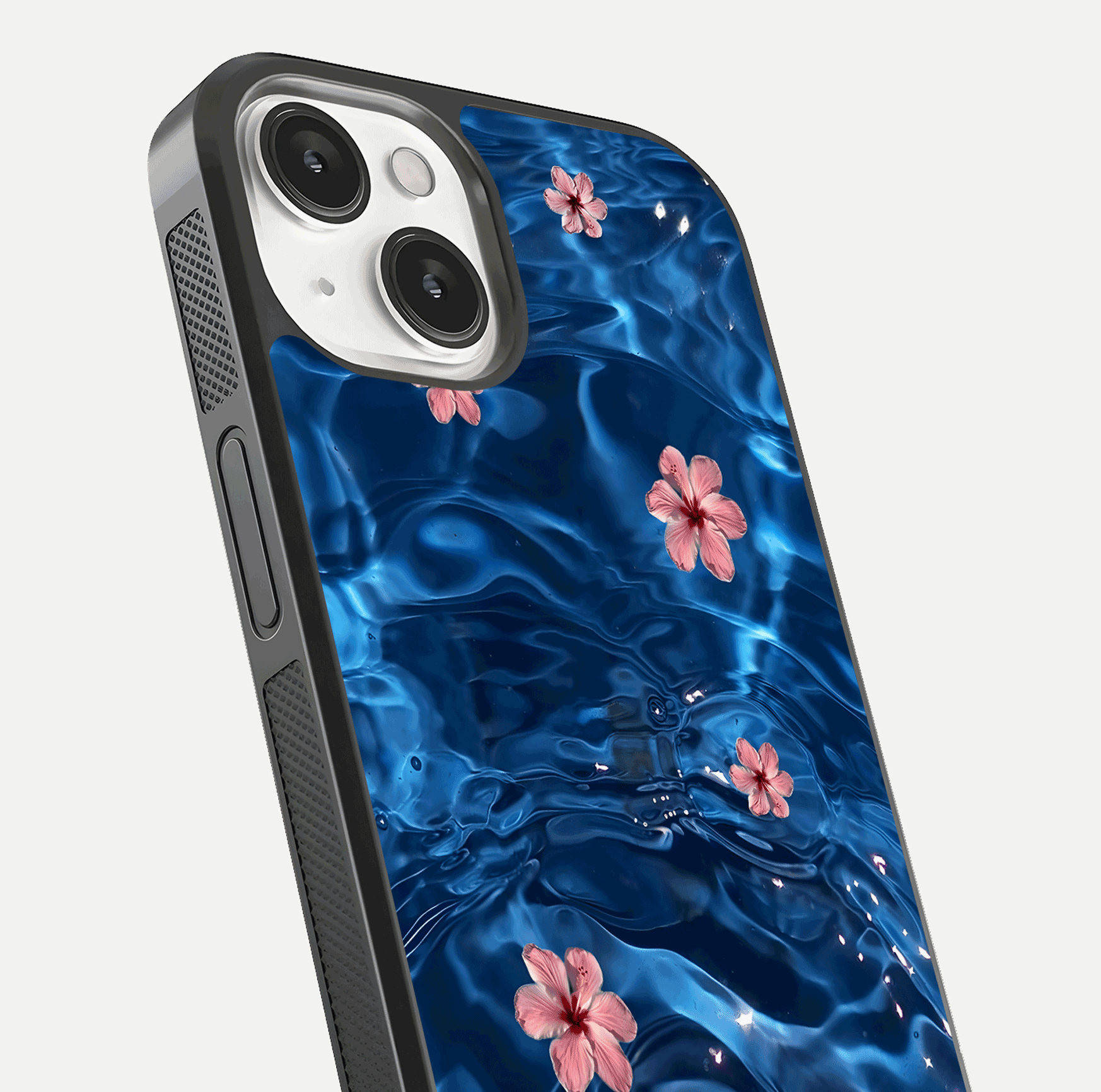 Blooming Water Drift Glass Case for iPhone 13 Mini close-up angle showing petal details, soft aqua tones, and smooth gloss reflection