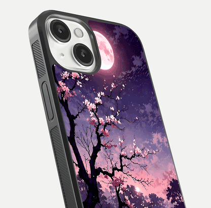 Blossom Pink Moon Glass Case for iPhone 13 Mini close-up shot showing pink tones, moon highlight, and reflection gloss