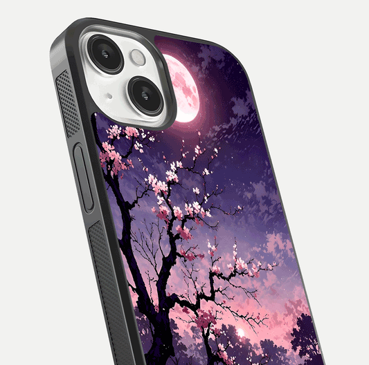 Blossom Pink Moon Glass Case for iPhone 13 Mini close-up shot showing pink tones, moon highlight, and reflection gloss
