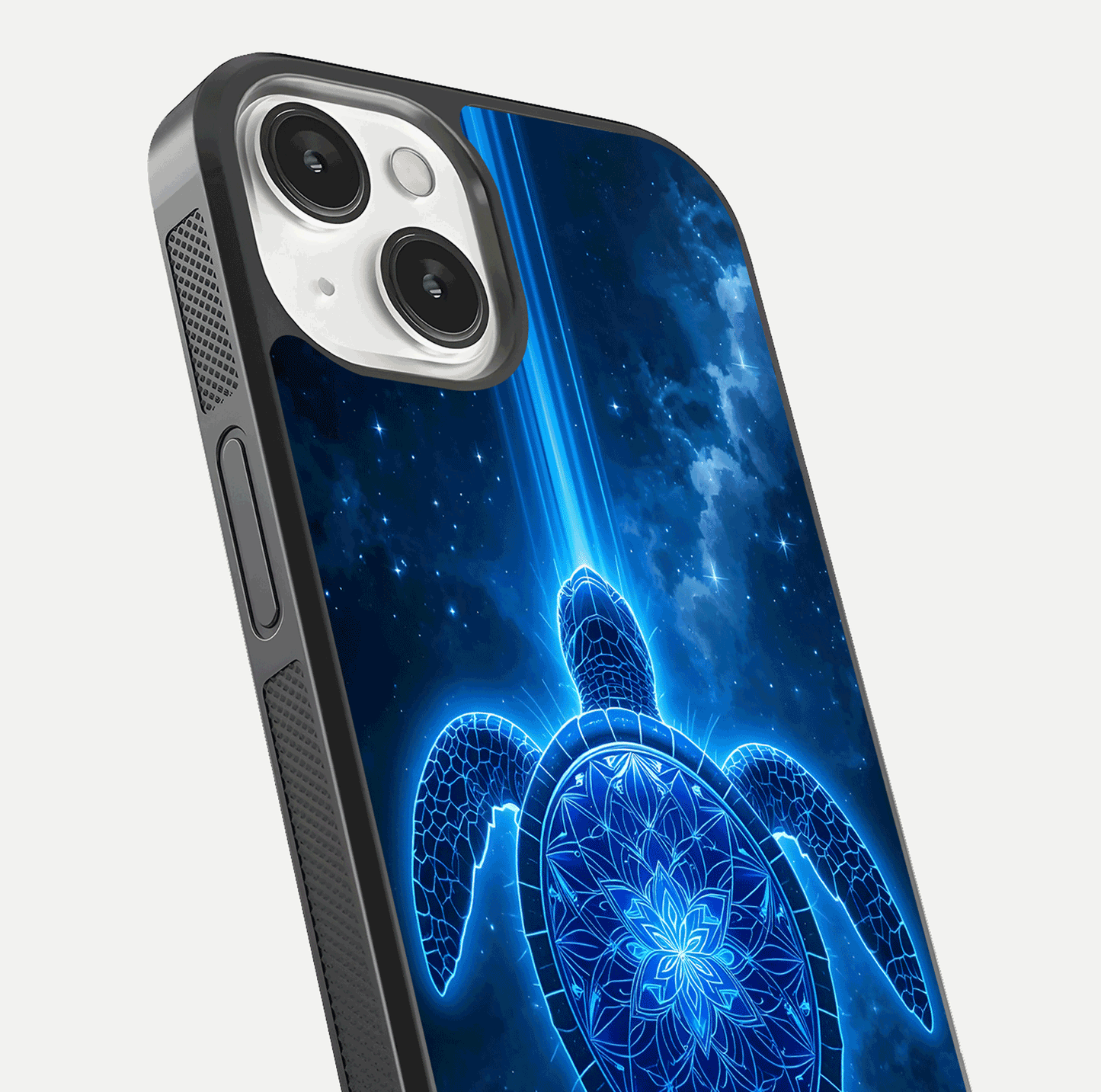 Blue Galaxy Turtle Glass Case for iPhone 13 Mini close-up image showing turtle shell detail and glowing galaxy tones