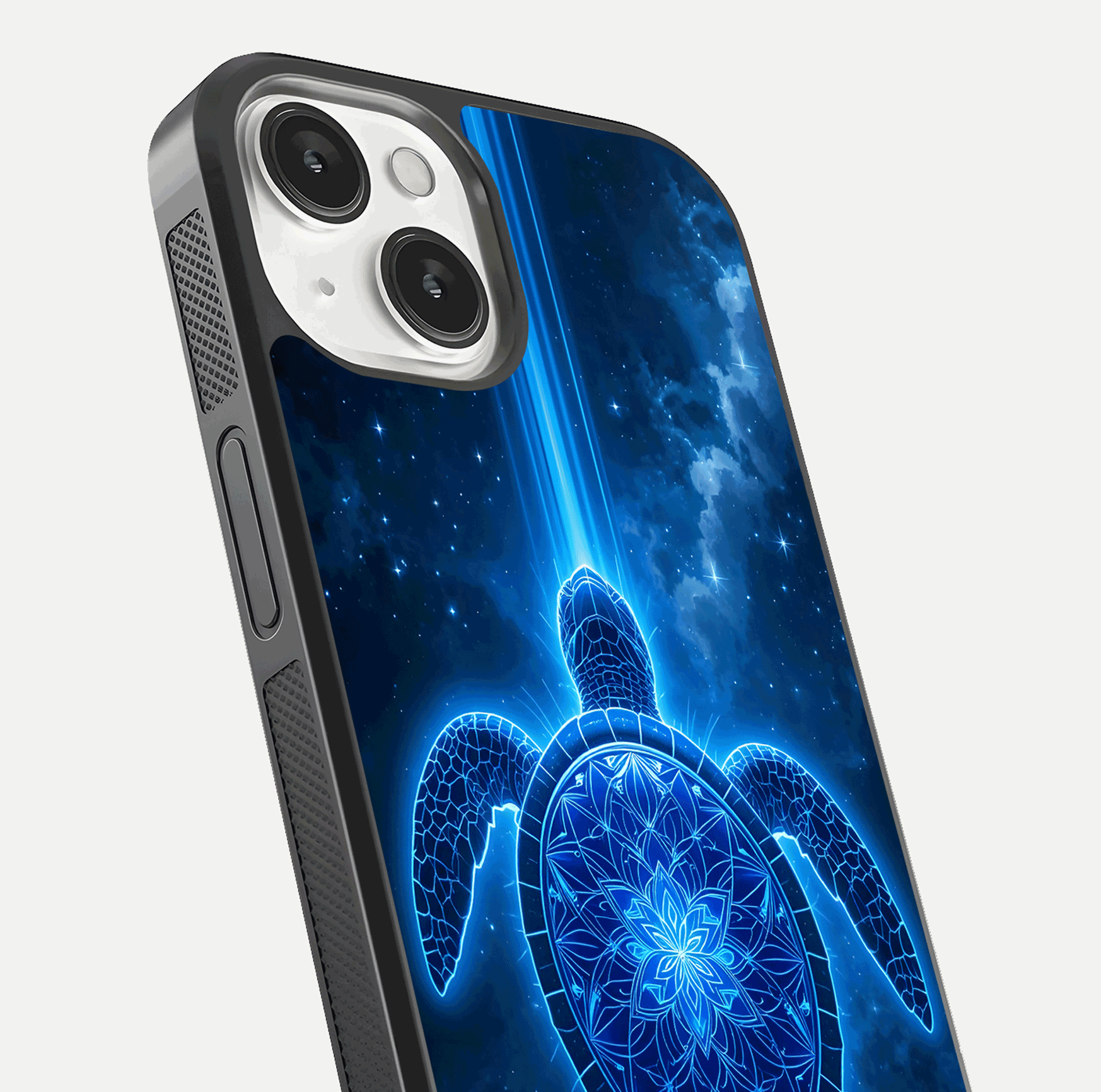 Blue Galaxy Turtle Glass Case for iPhone 13 Mini close-up image showing turtle shell detail and glowing galaxy tones