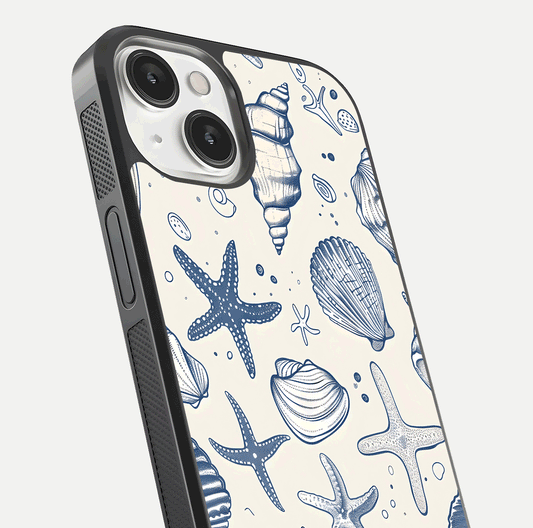 Blue Ocean Outline Glass Case for iPhone 13 Mini close-up shot highlighting line art details and reflection texture