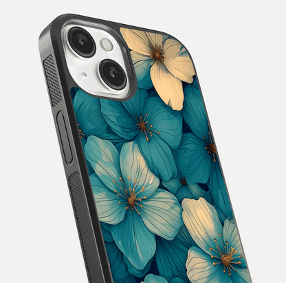Blue Shade Floral Glass Case for iPhone 13 Mini close-up angle showing flower print precision and reflection