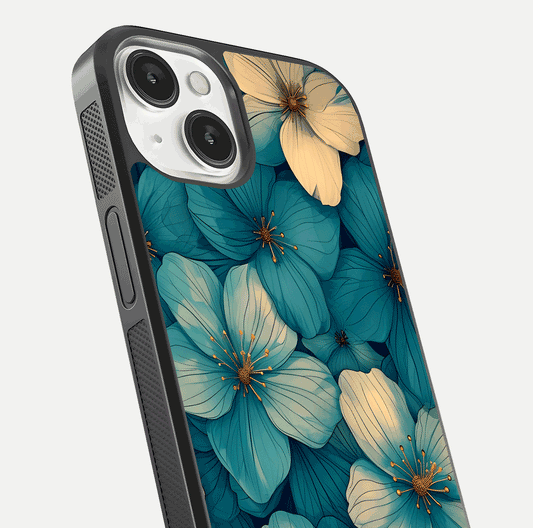 Blue Shade Floral Glass Case for iPhone 13 Mini close-up angle showing flower print precision and reflection
