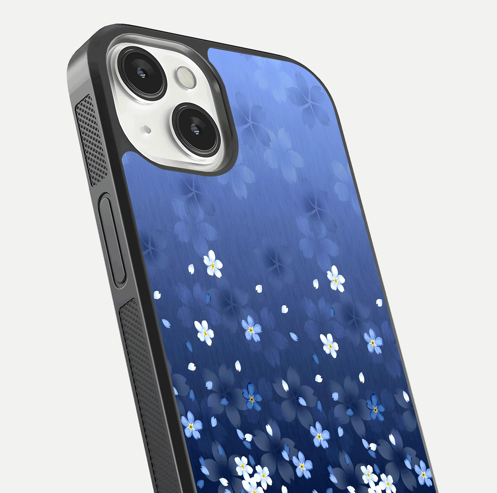 Blue Starry Glass Case for iPhone 13 Mini close-up image highlighting sparkle details and midnight blue gradient