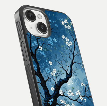 Blue Tree Serenity Glass Case for iPhone 13 Mini close-up view highlighting tree branches and reflection gloss
