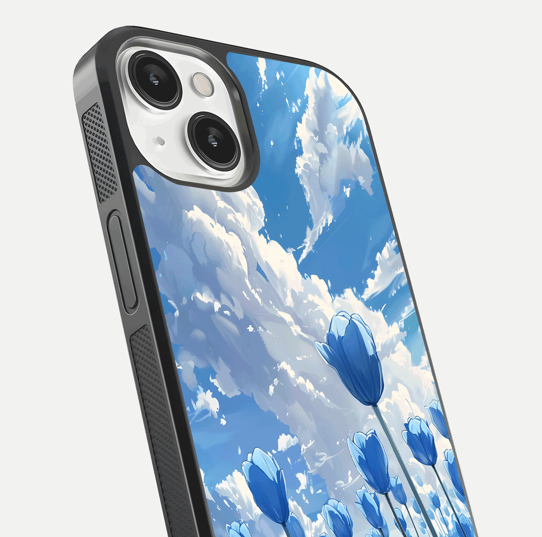 Blue Tulip Clouds Glass Case for iPhone 13 Mini close-up image highlighting tulip petals, clouds, and reflection texture
