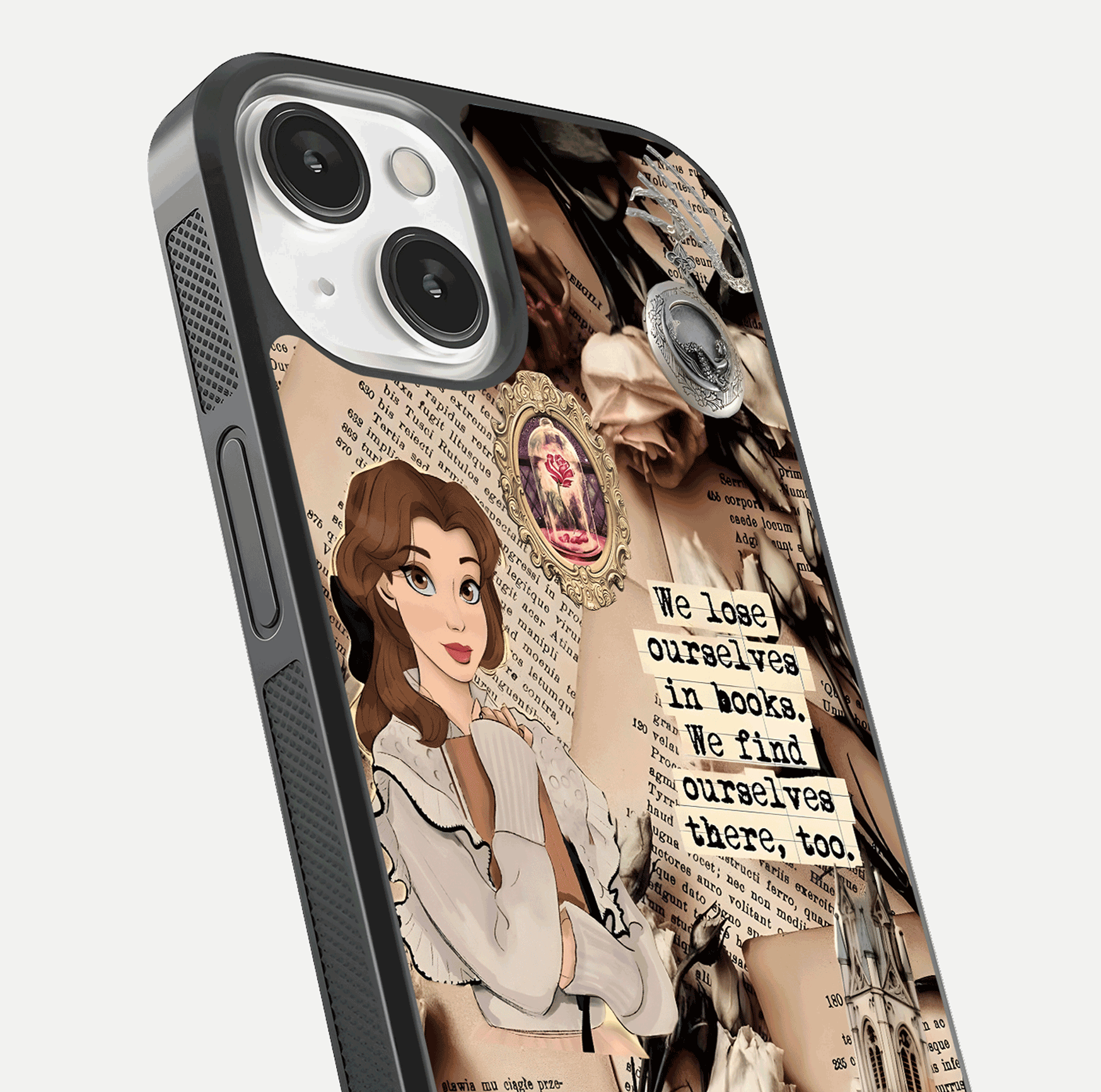 Bookish Dream World Glass Case for iPhone 13 Mini close-up shot highlighting book elements and reflection gloss