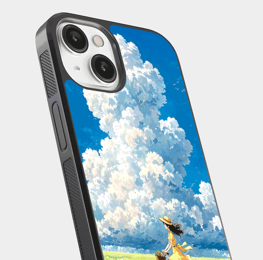 Breezy Meadow Ride Glass Case for iPhone 13 Mini close-up shot showing flowers and breezy motion texture