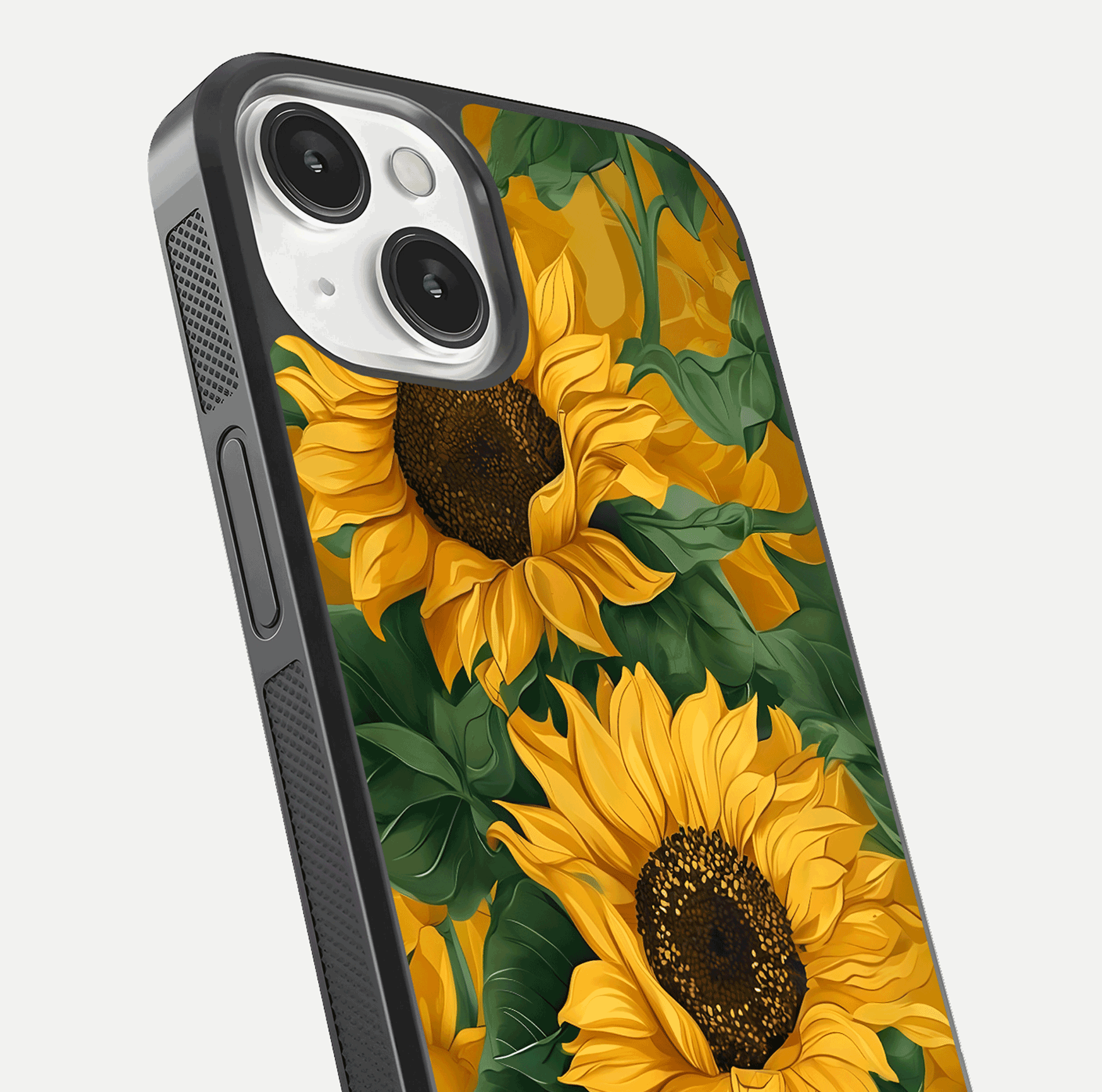Bright Sunflower Bloom Glass Case for iPhone 13 Mini close-up image highlighting yellow petal detail and HD reflection