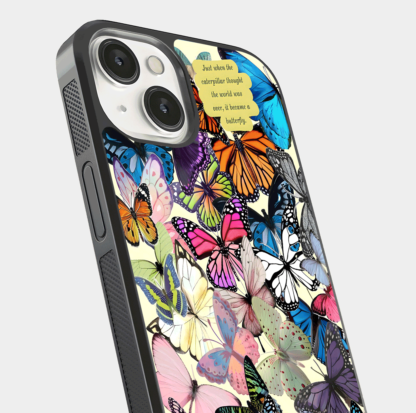 Butterflies Petal Dream Glass Case for iPhone 13 Mini close-up highlighting butterfly wings and pink petal gloss