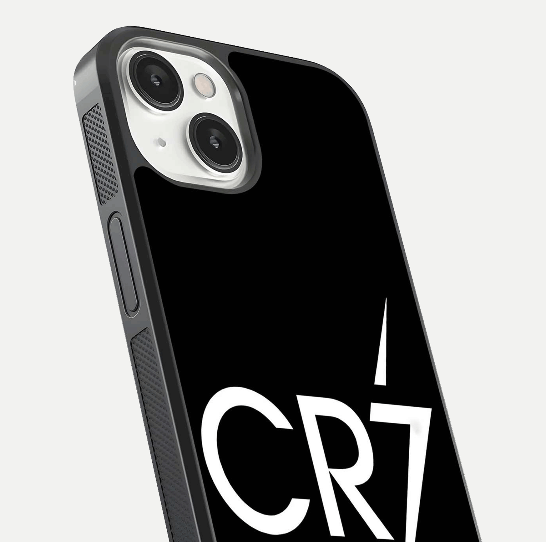 CR7 Elite Strike Glass Case for iPhone 13 Mini close-up highlighting CR7 artwork and shine reflection