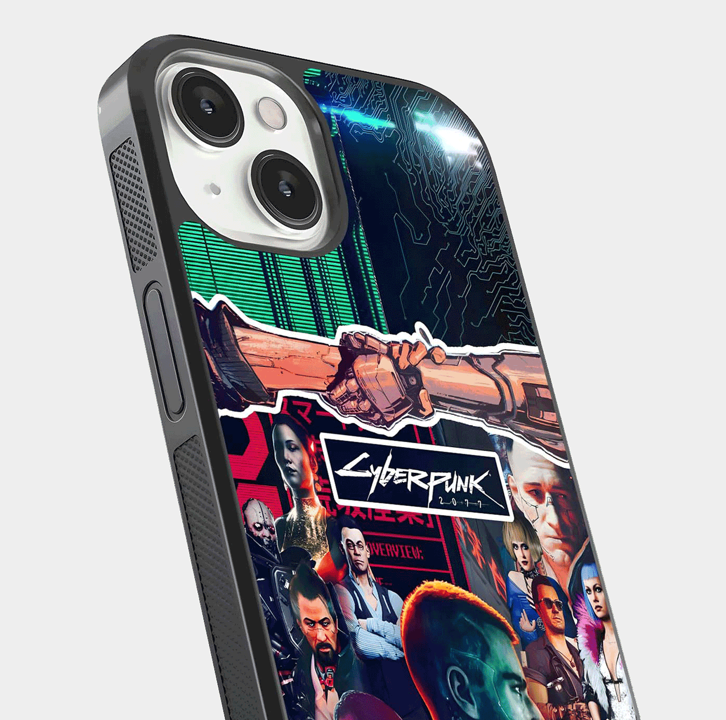 CYBERPUNK Legacy Glass Case for iPhone 13 Mini close-up highlighting circuit texture and reflection tone