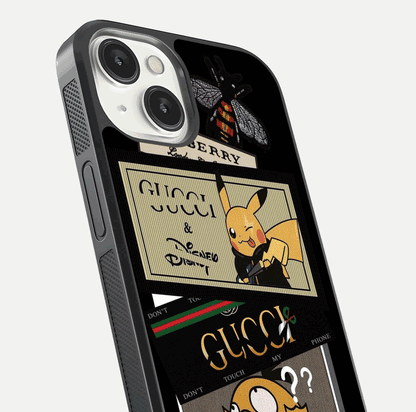 Cartoon Brand Play Mashup Glass Case for iPhone 13 Mini close-up angled shot showing character details and vibrant tones