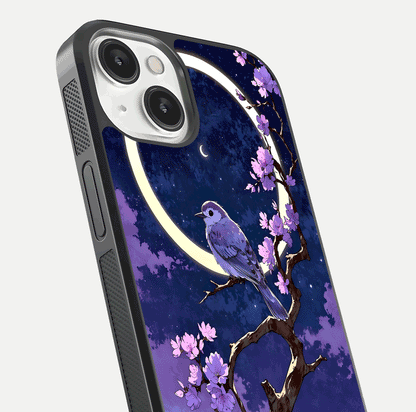 Celestial Bird Blossom Glass Case for iPhone 13 Mini close-up capturing bird detail, petal reflection, and gloss shine