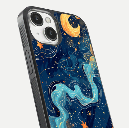 Celestial Dream Flow Glass Case for iPhone 13 Mini close-up highlighting star reflections and smooth glow gradient