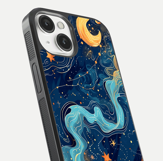 Celestial Dream Flow Glass Case for iPhone 13 Mini close-up highlighting star reflections and smooth glow gradient