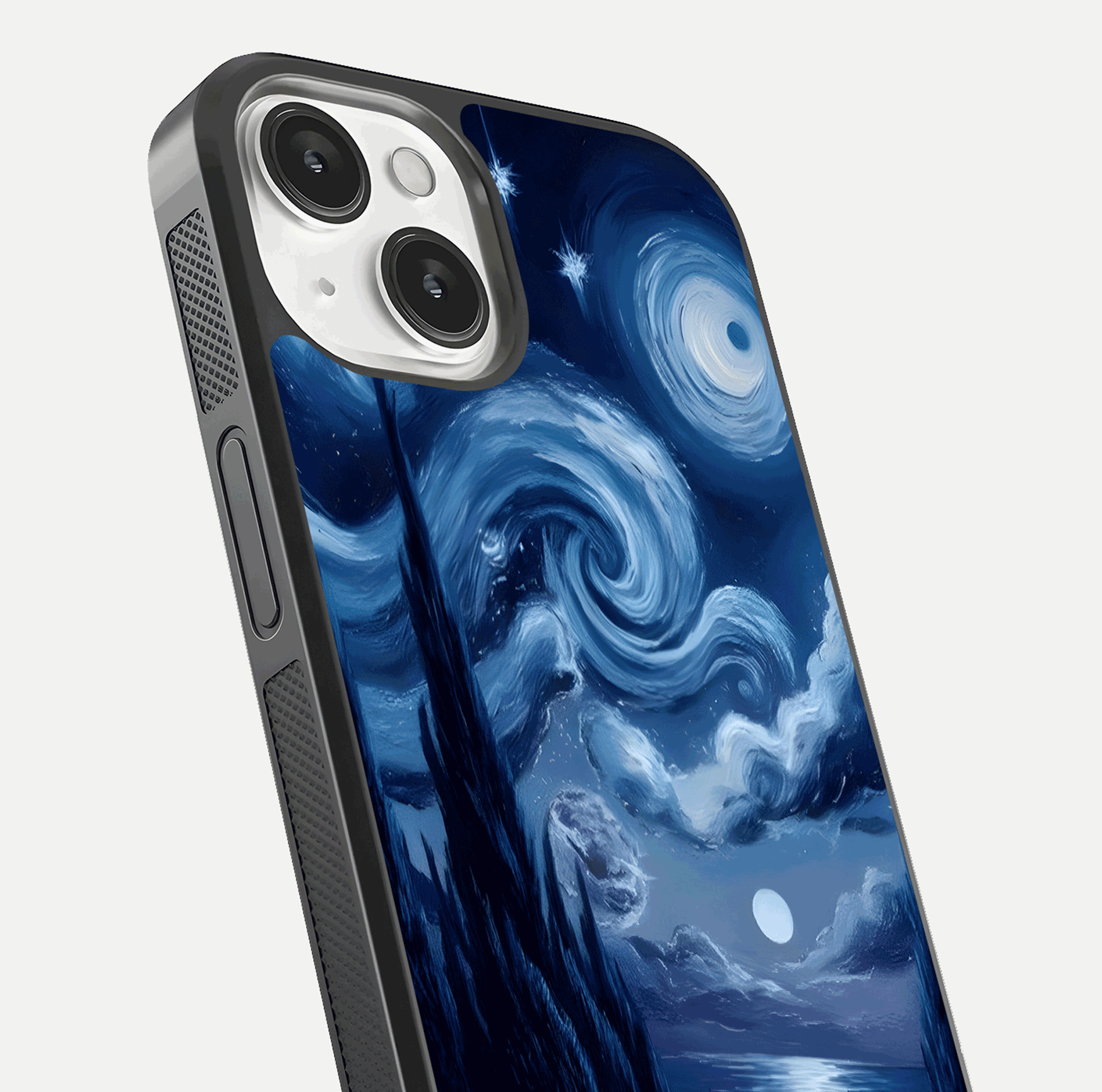 Celestial Dream Van Gogh Glass Case for iPhone 13 Mini close-up view capturing vivid brush details and star reflection