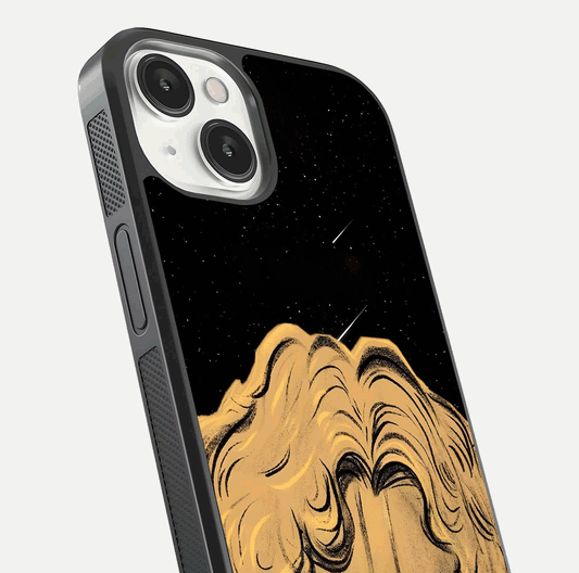 Celestial God’s Plan Glass Case for iPhone 13 Mini close-up angled shot highlighting celestial details and reflection