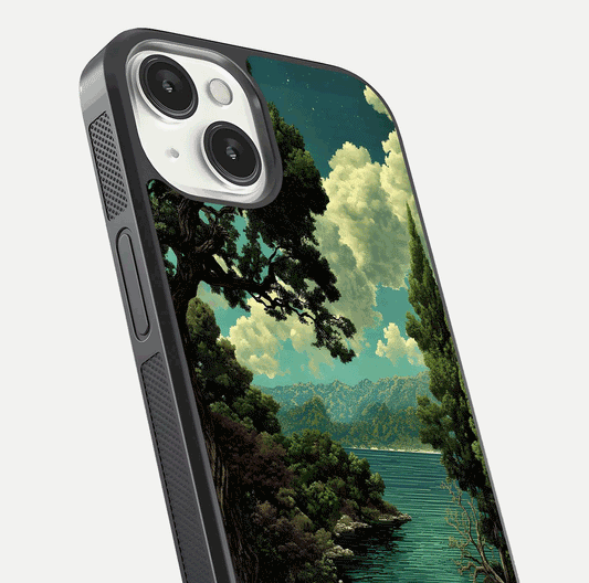 Celestial Lake Peace Glass Case for iPhone 13 Mini close-up highlighting moon reflection and glossy texture