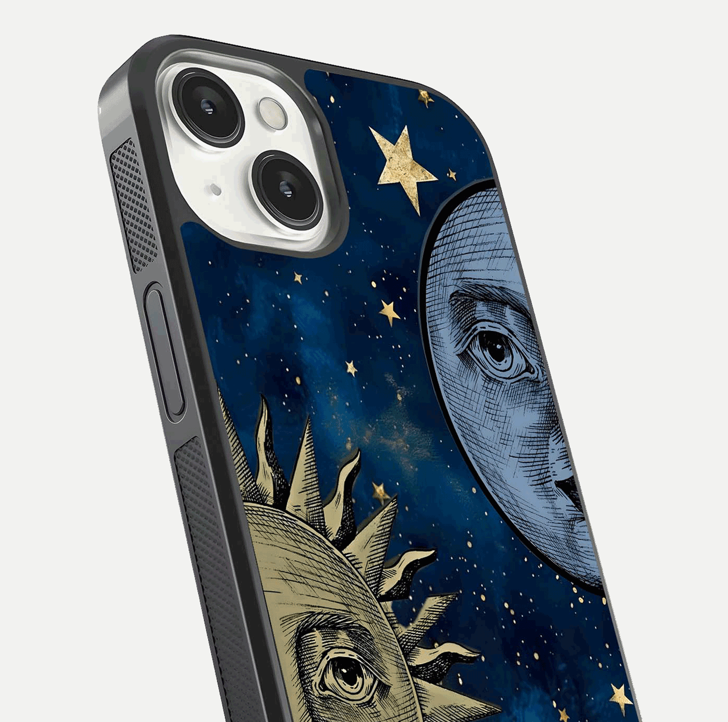 Celestial Moon With Sun Glass Case for iPhone 13 Mini close-up highlighting fine celestial detail and polish reflection