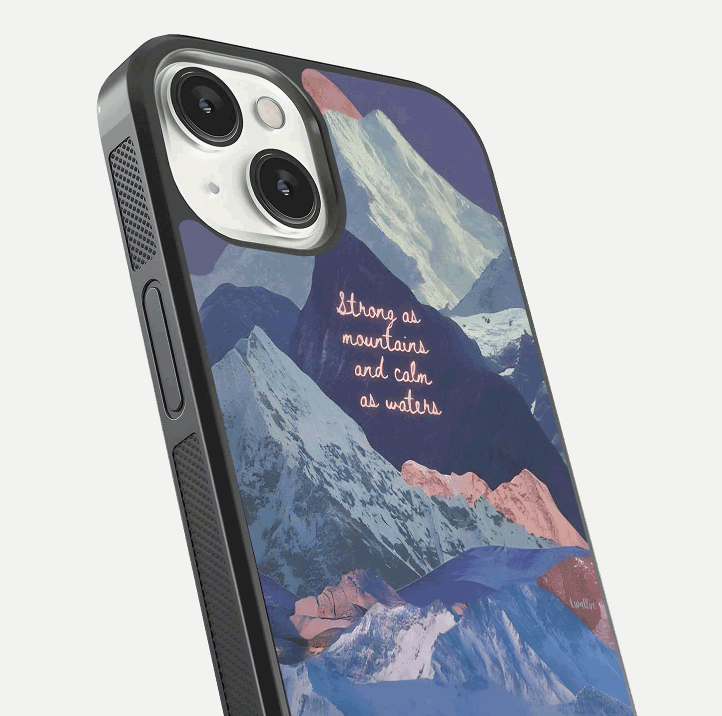 Celestial Mountain Calm Glass Case for iPhone 13 Mini close-up showing peak reflection and HD gloss texture