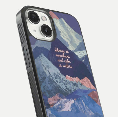 Celestial Mountain Calm Glass Case for iPhone 13 Mini close-up showing peak reflection and HD gloss texture