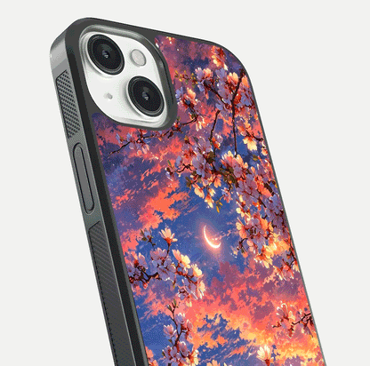 Celestial Sakura Sunset Glass Case for iPhone 13 Mini close-up image highlighting blossom petals and gloss shine