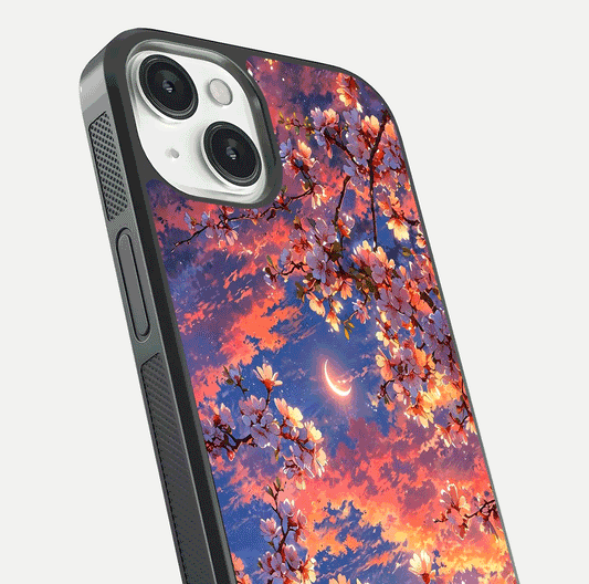 Celestial Sakura Sunset Glass Case for iPhone 13 Mini close-up image highlighting blossom petals and gloss shine