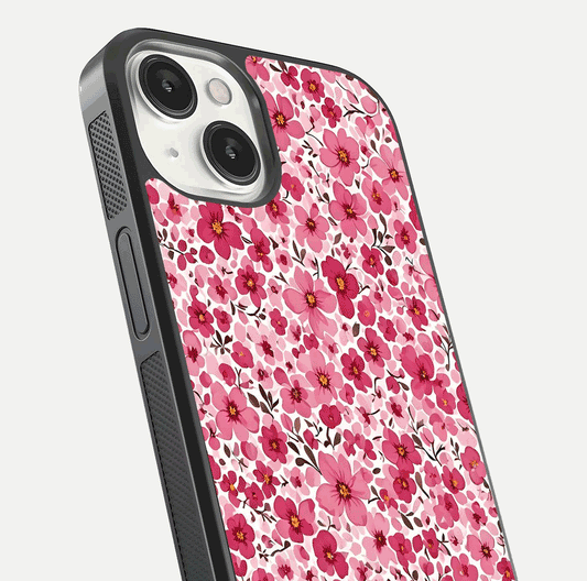 Cherry Blossom Charm Glass Case for iPhone 13 Mini close-up highlighting petal gradient and reflection shine