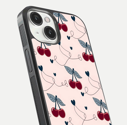 Cherry Heart Line Glass Case for iPhone 13 Mini close-up showing heart outline and HD reflection gloss