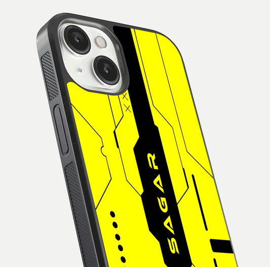 Circuit CYBERPUNK Custom Name Glass Case for iPhone 13 Mini close-up highlighting neon lines, futuristic tones, and gloss reflection