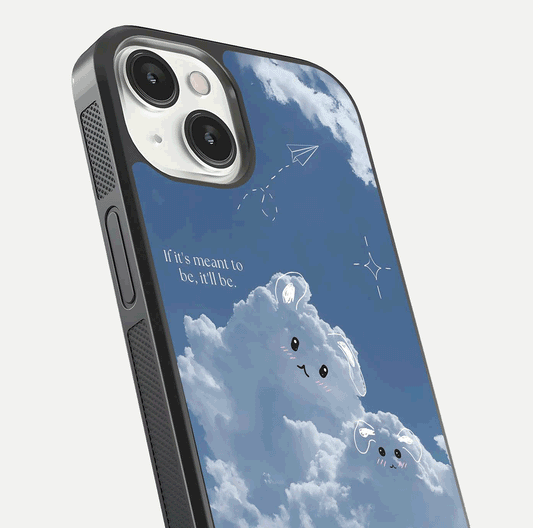 Cloud Bunny Dreams Glass Case for iPhone 13 Mini close-up showing bunny art, dreamy clouds, and HD shine