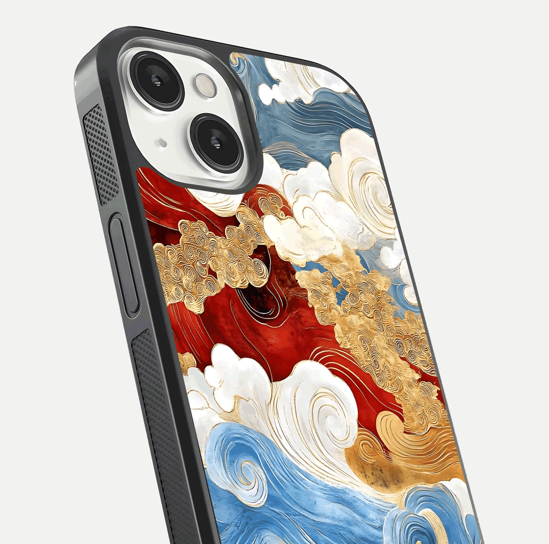 Colored Waves Glass Case for iPhone 13 Mini close-up angled shot highlighting gradient flow and light reflection
