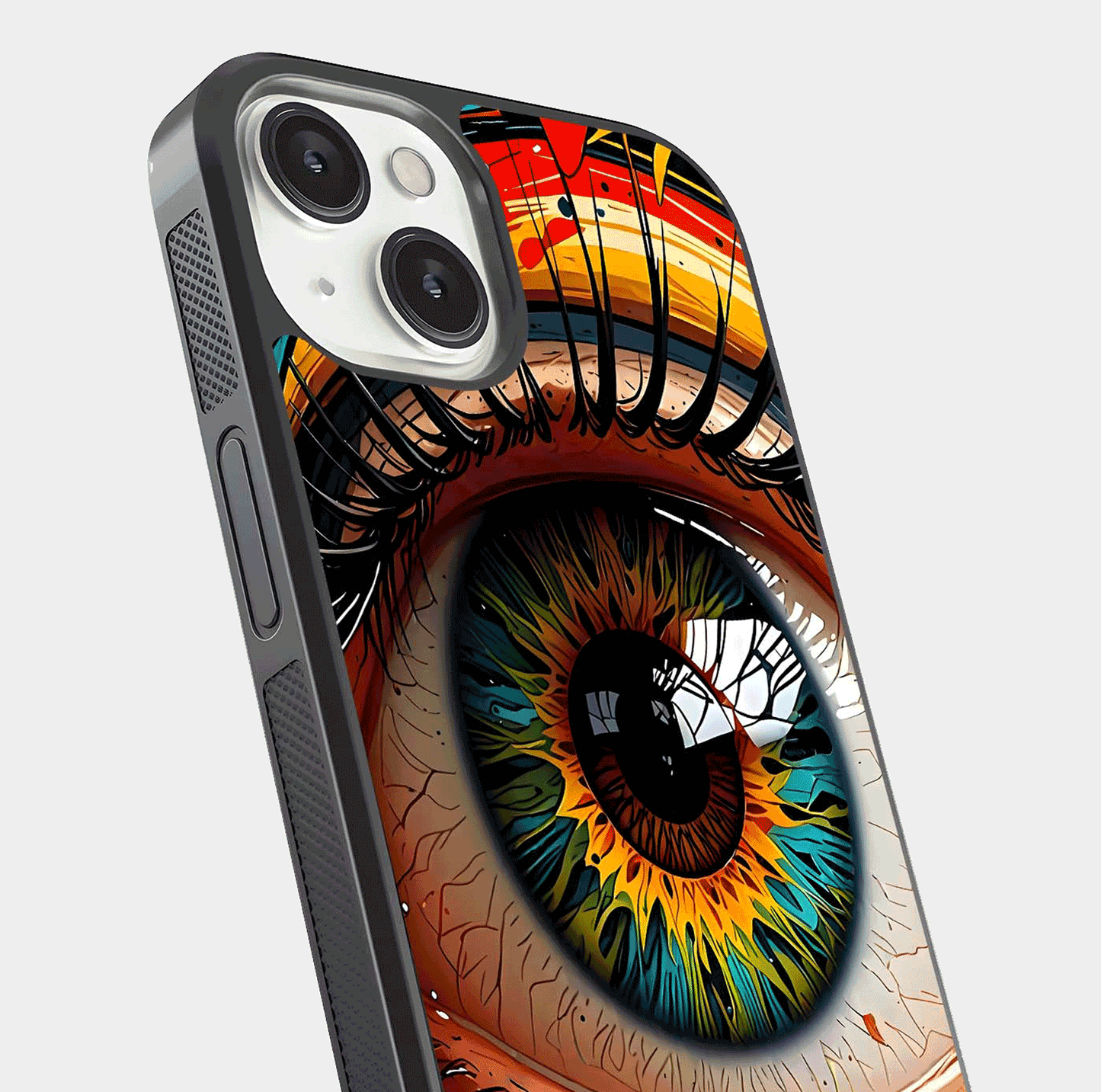 Colorful Eye Glass Case for iPhone 13 Mini close-up highlighting eye pattern detail and reflection shine