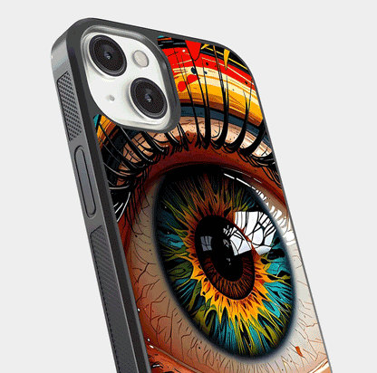 Colorful Eye Glass Case for iPhone 13 Mini close-up highlighting eye pattern detail and reflection shine