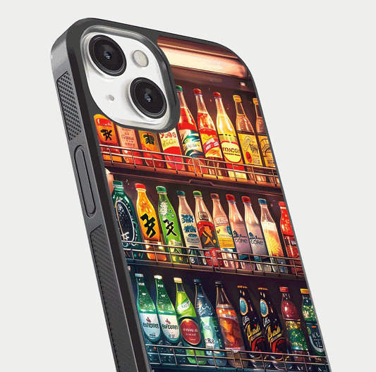 Colorful Soda Bottles Glass Case for iPhone 13 Mini close-up showing colorful bottles and HD reflection